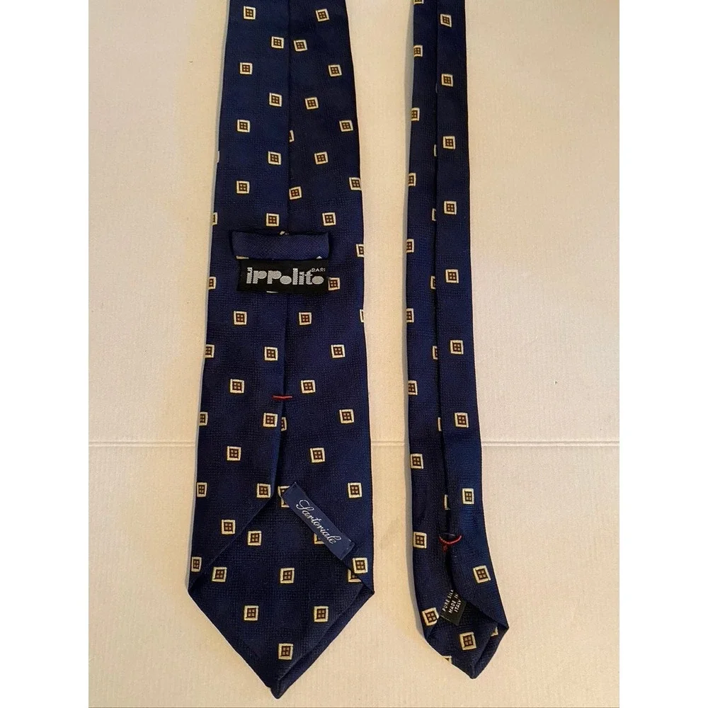 Ippolito Bari Sartoriale Navy Blue Silk Geometric Square Pattern Tie Made Italy